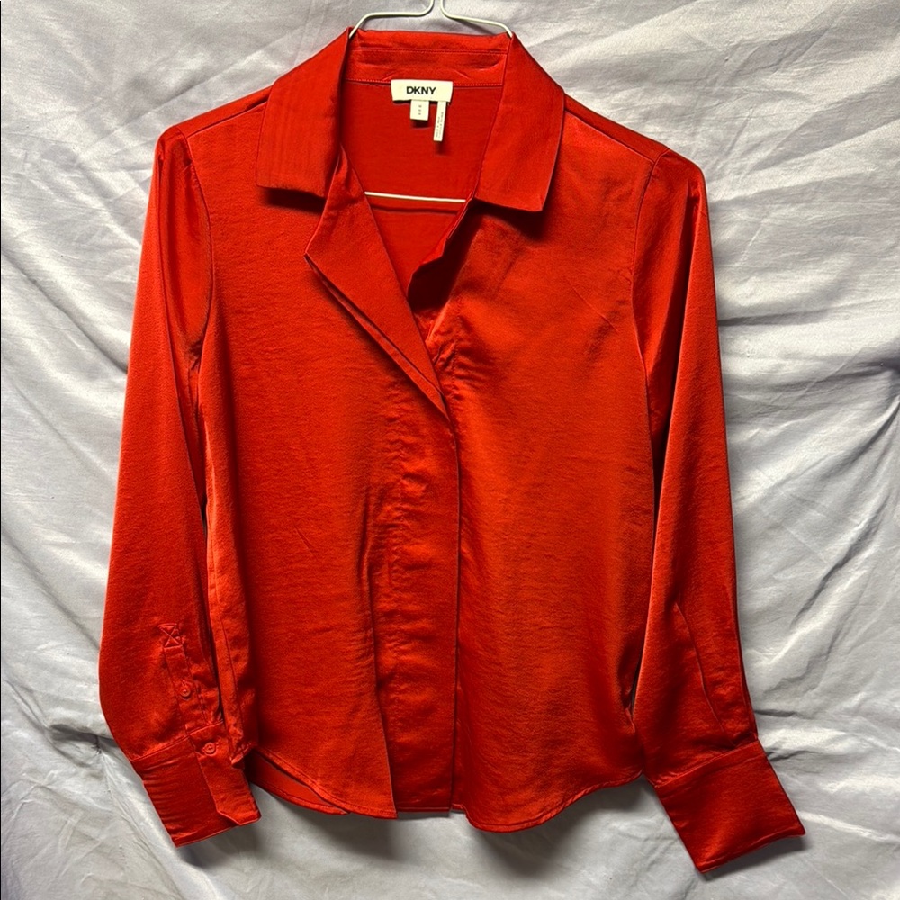 DKNY Red Button Down Shirt with Notched Collar
